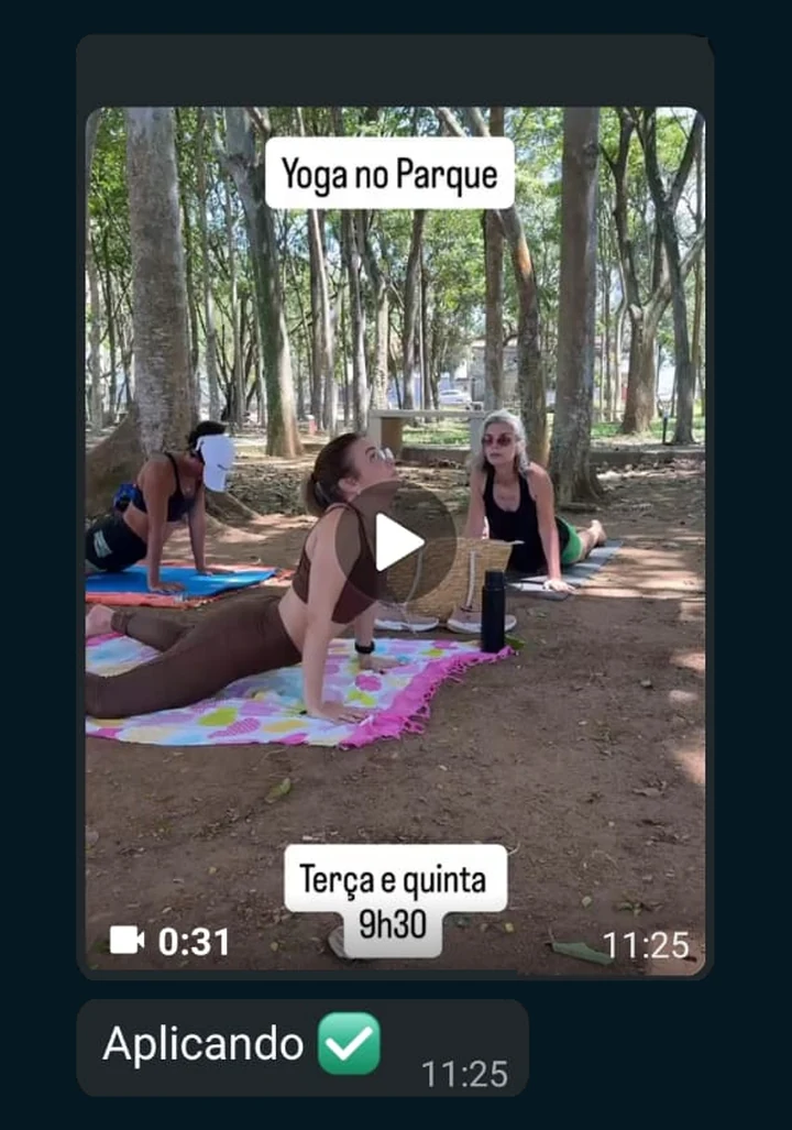 Depoimento de participante, print de WhatsApp: vídeo com os textos “Yoga no Parque” e “Terça e quinta 9h30”, com alunas fazendo posturas sobre cangas no parque, e a mensagem seguinte: “Aplicando”.