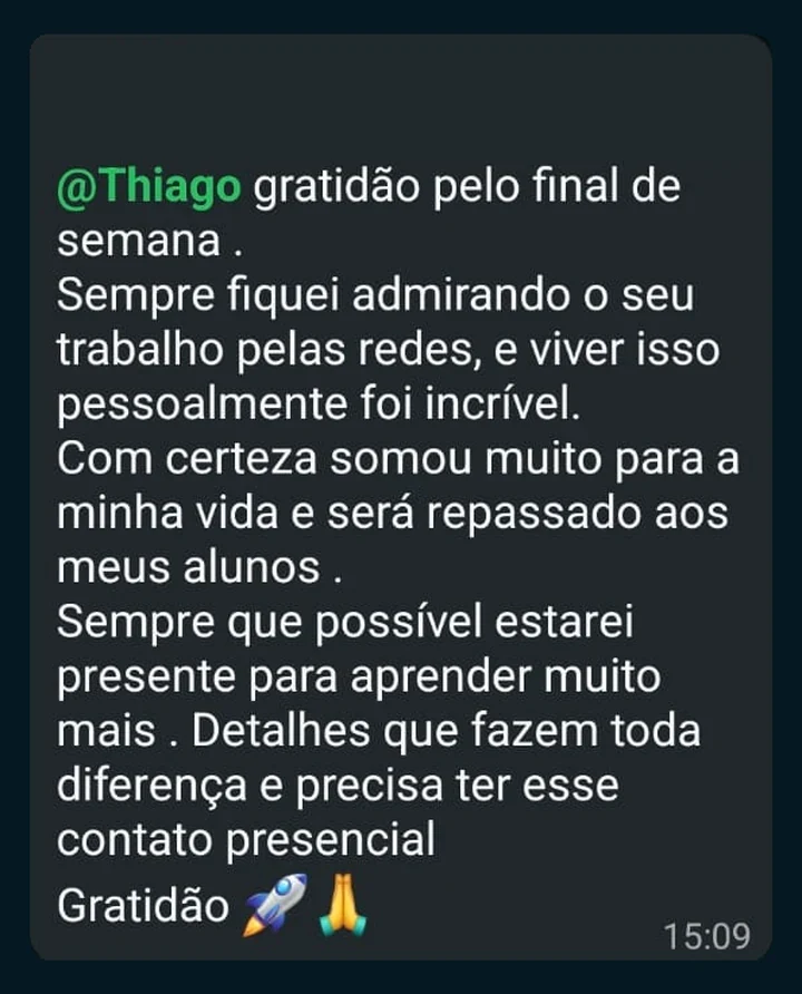 Depoimento de participante, print de WhatsApp: “Com certeza somou muito para a minha vida e será repassado aos meus alunos .” e “Detalhes que fazem toda diferença e precisa ter esse contato presencial”